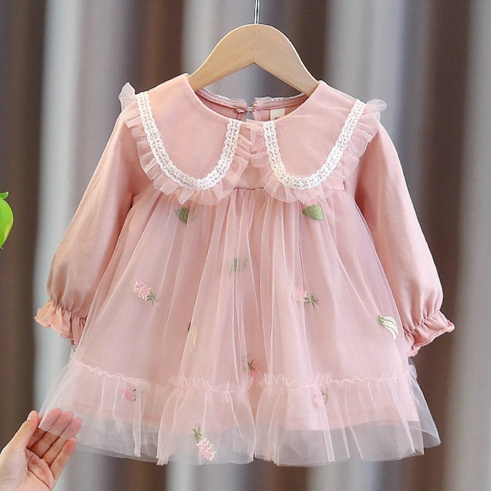 Pink Layered Lace Dress with Fruit Embroidery